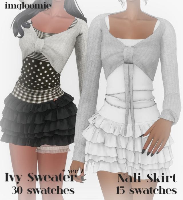 sims modeling casual light sweater with a frilly mini skirt