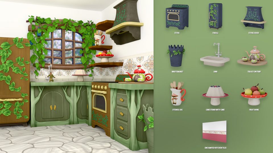 an enchanted sims' kitchen and a collage of cc pieces
