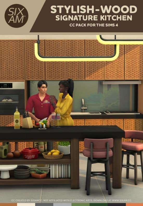sims standing in a modern wooden kitchen