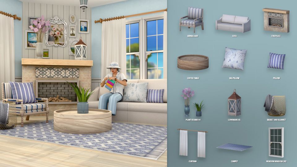 a nautical-themed Sims's living room and a collage of cc pieces