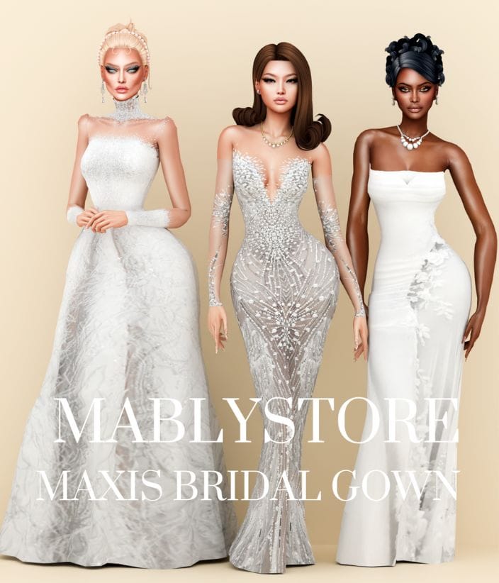 female sim dressed in strapless wedding dresses