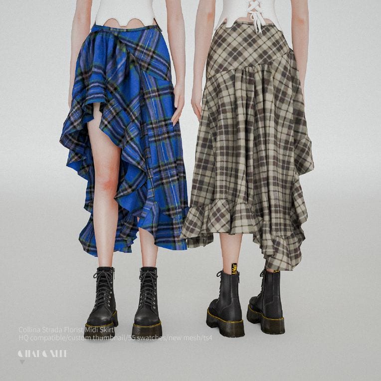 two asymmetrical plaid midi skirts