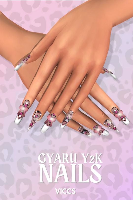 long Y2K Nails with cheetah print, bows and Kuromi designs
