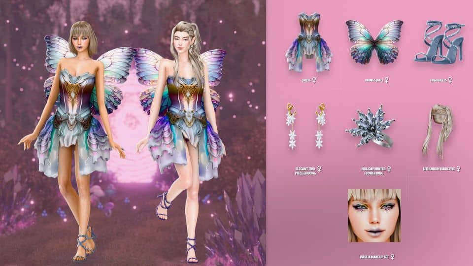 fairy sims dressed in multi color dresses and with large wings
