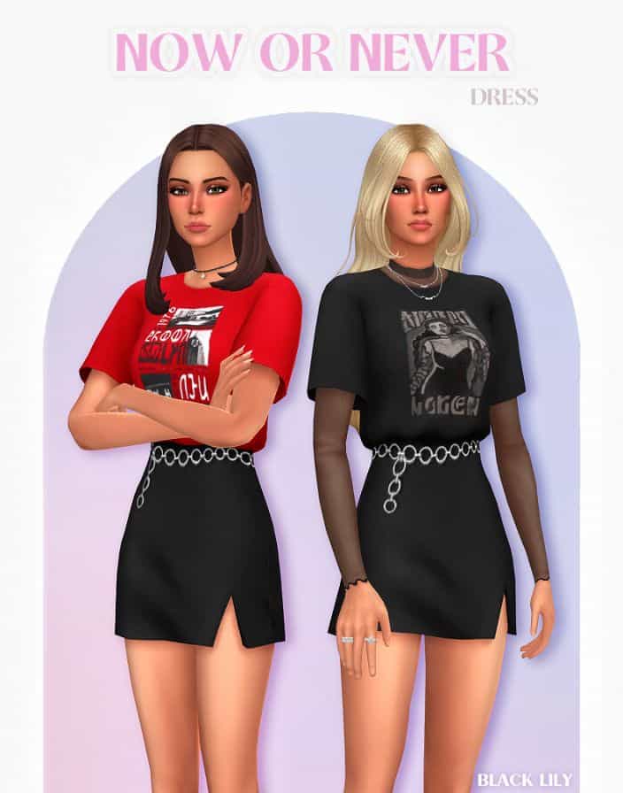female sims wearing dresses with image graphics at the top