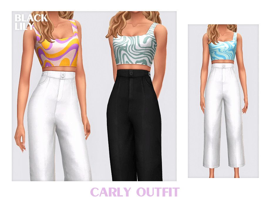 sim wearing a crop top with a pattern and high rise ankle length pants