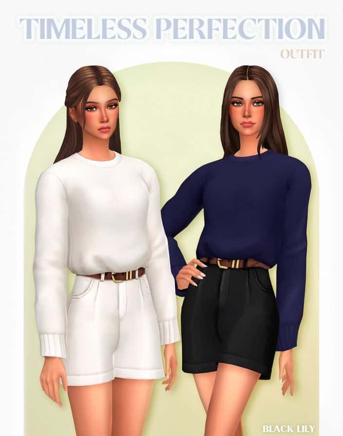 female sims wearing sweaters with belted shorts
