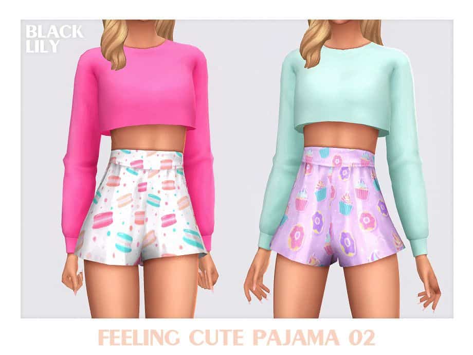 sims wearing long sleeve cropped pajama tops and high waisted shorts