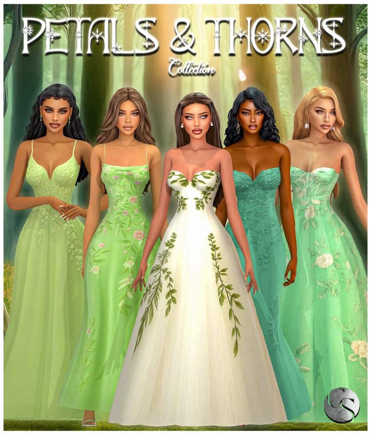 five female sims dressed in formal fairy-inspired dresses