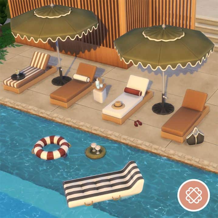 a poolside setup with cozy chair and water floaties