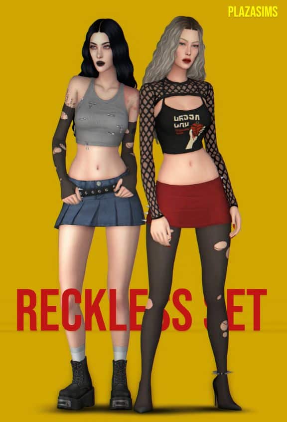 female sims dressed in edgy crop tops, mini skirts and accessories