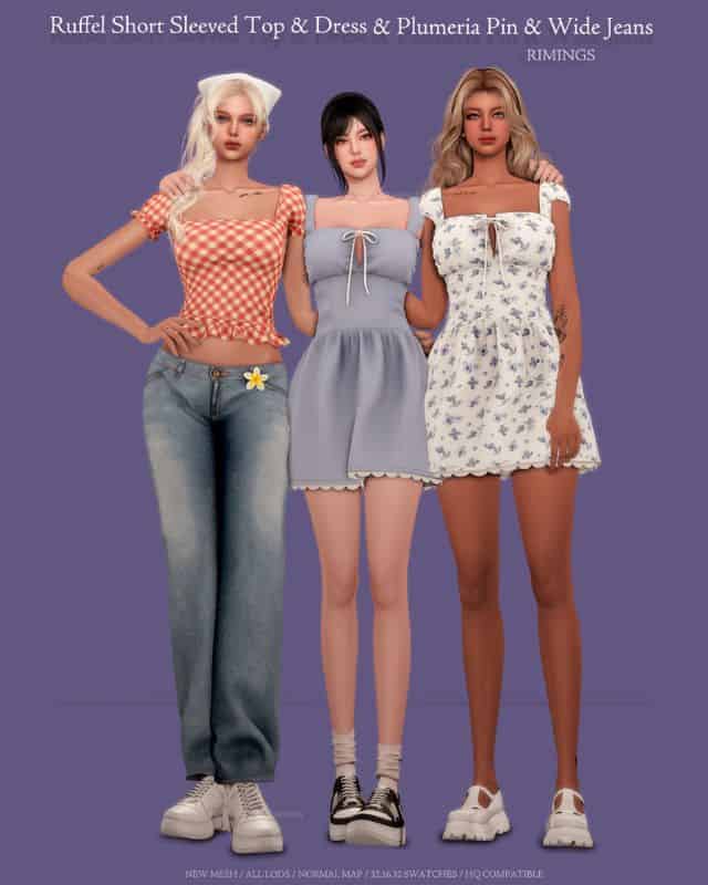 female sims dressed in summer dresses, jeans and short sleeved top
