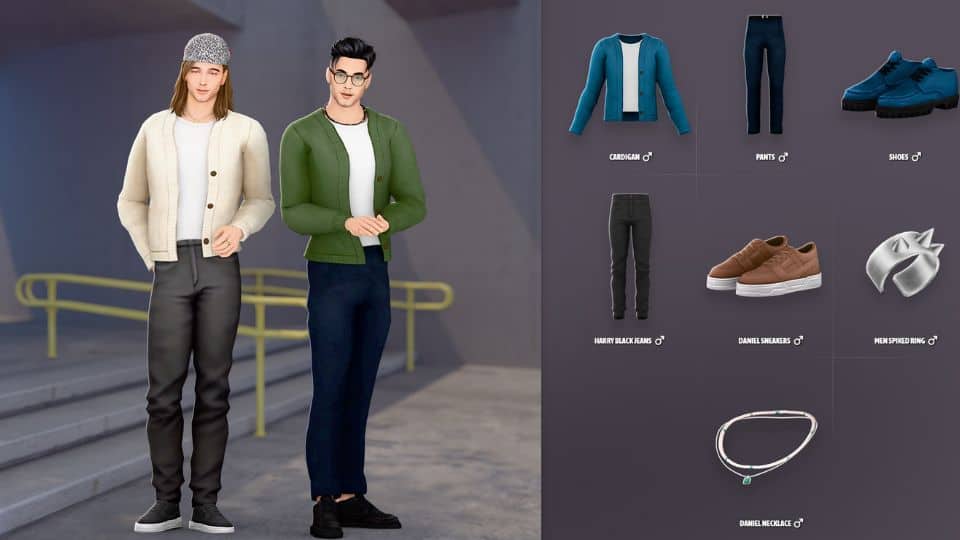 two male sims wearing cardigans and casual pants