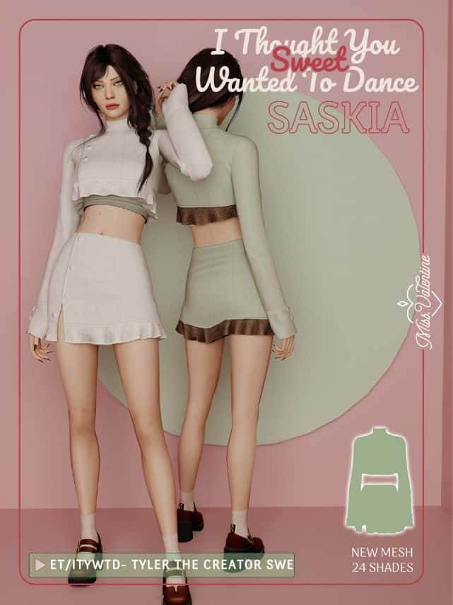 female sim wearing a long sleeve crop top and mini skirt