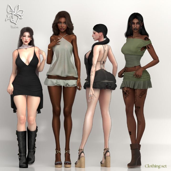 female sims dressed in mixed modern clothing