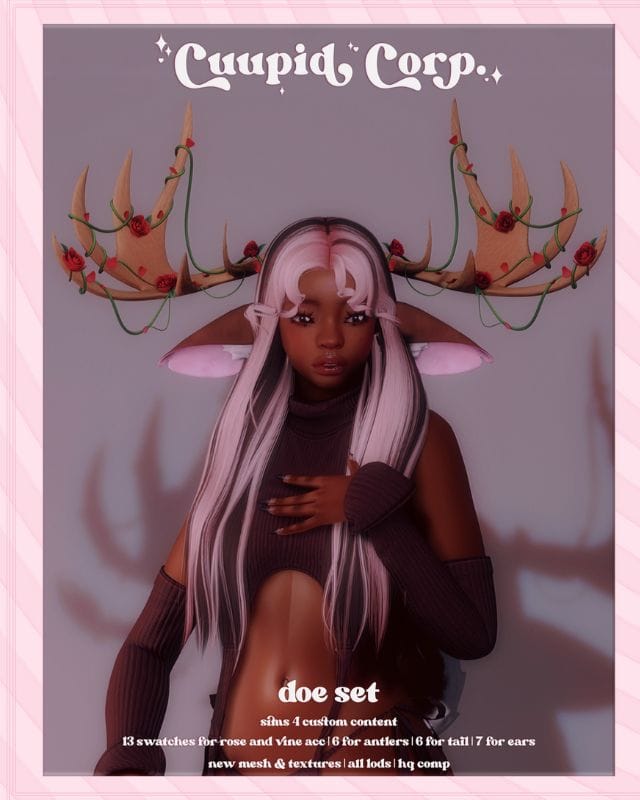 female sim with large antlers covered in roses and vines