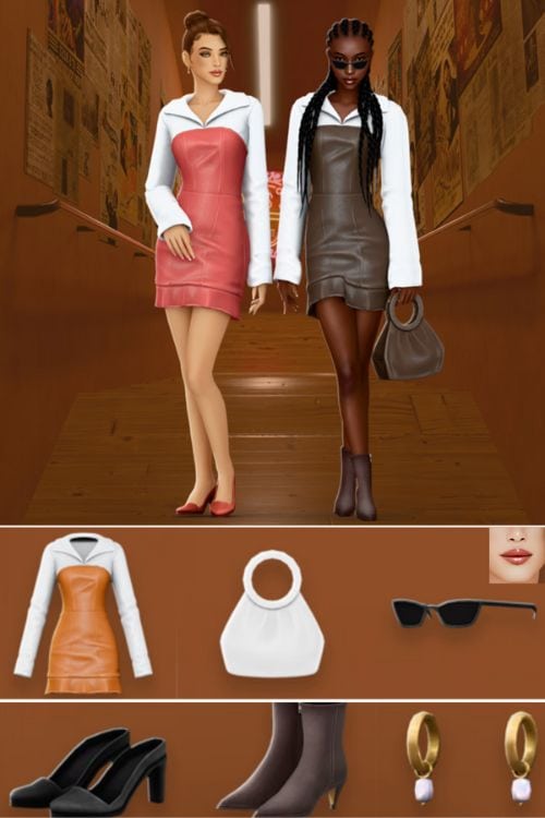 female sims dressed in a chic leather dress and shirt outfit
