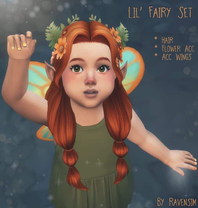 toddler fairy with pigtails and flower accessories in their hair