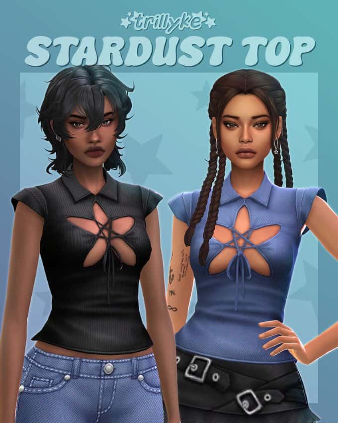 female sims wearing short sleeve tops with a start cutout in the front