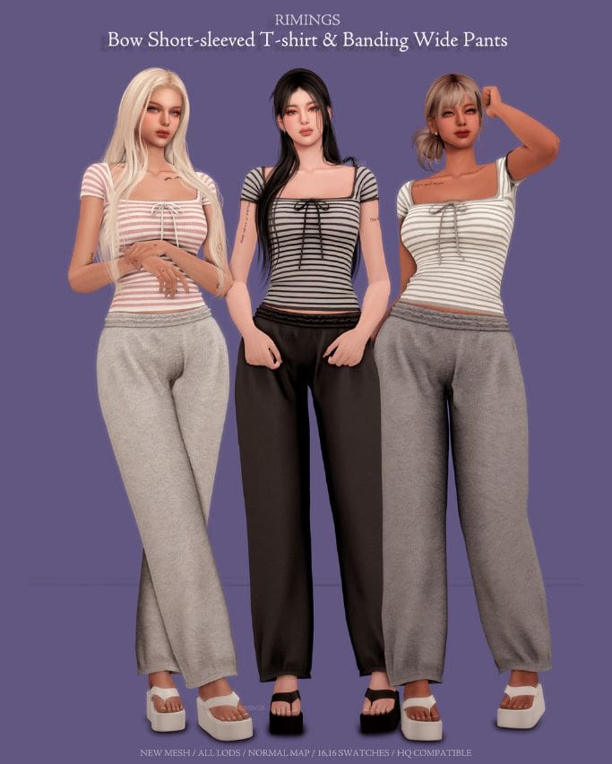 three female sim wearing short sleeve tops and banding wide pants