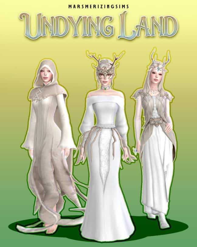 sims dressed in white fantasy-inspired clothing