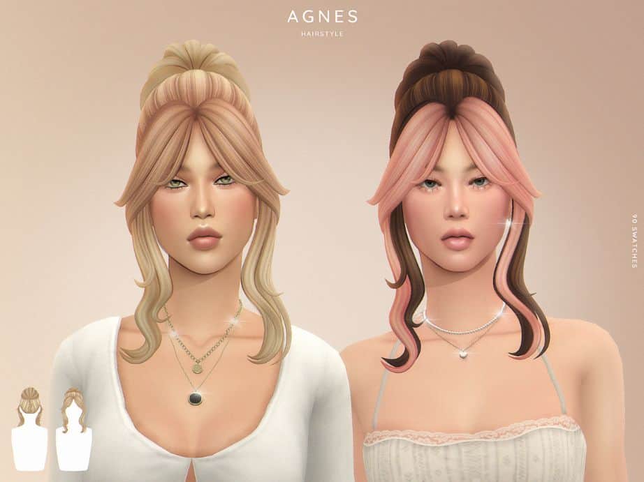 female sims with high-top hair buns and long bangs