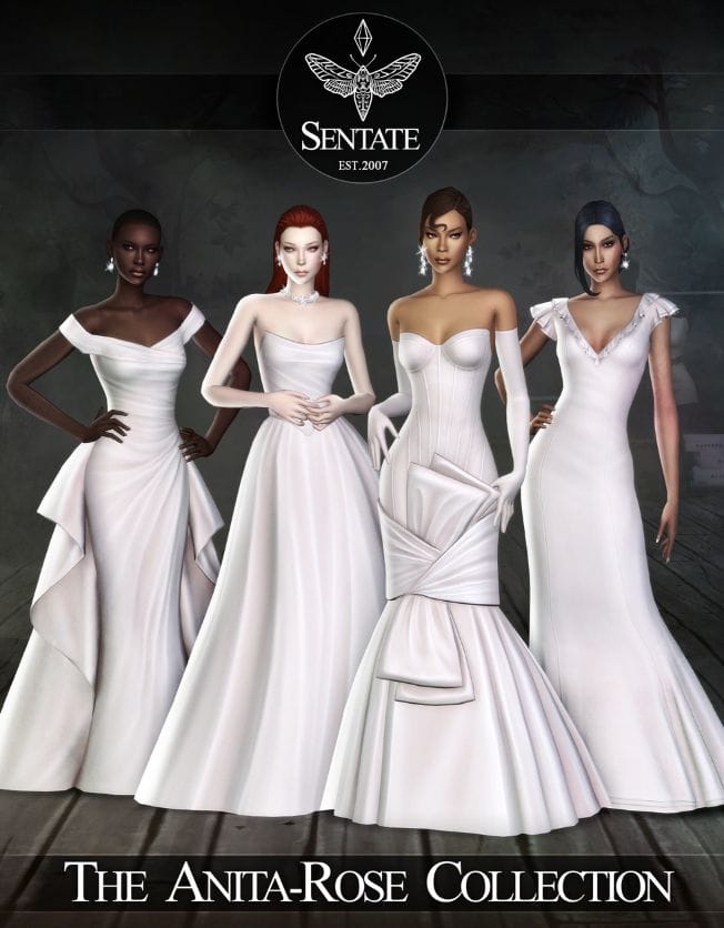 female sims wearing different wedding dresses