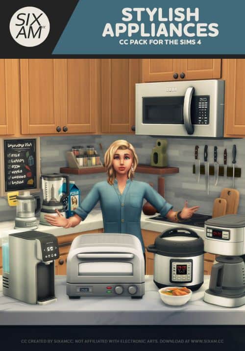 sim standing in a kitchen filled with appliances