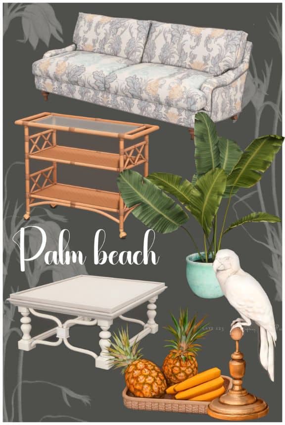 collage of mixed tropical themed garden furniture and decor