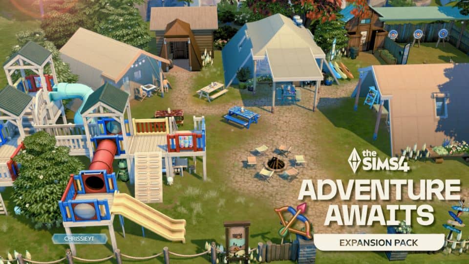 a kids campground setup with a playground and buildings