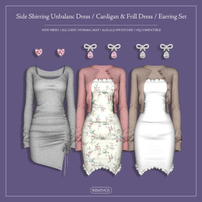 collage of mixed dresses, cardigans and earrings