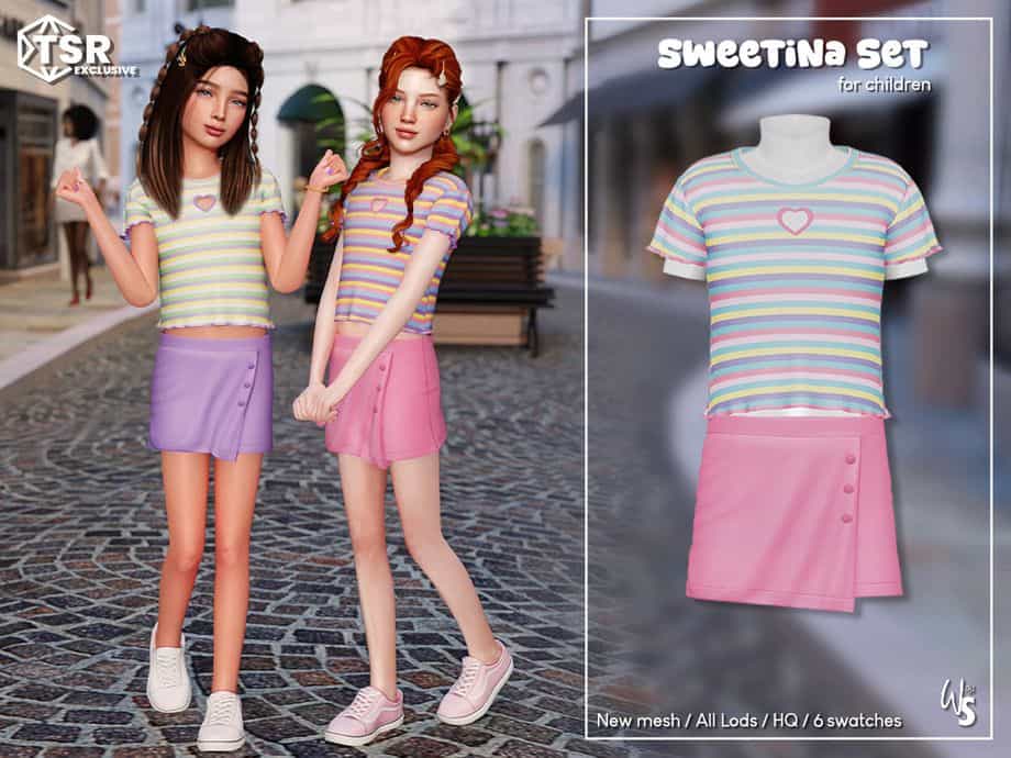 Sims kids wearing striped tops and asymmetrical skirts