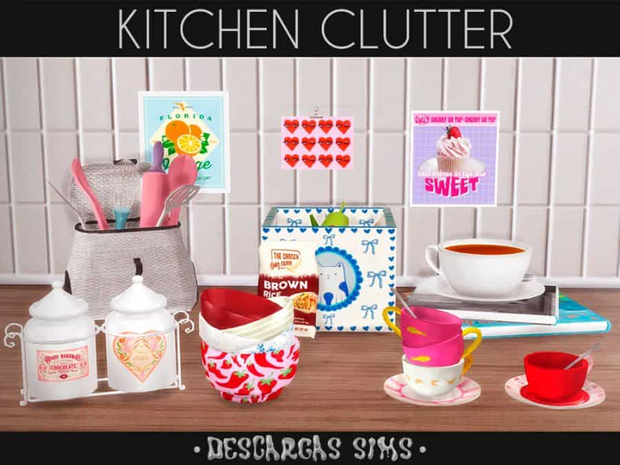 a countertop with mixed kitchen clutter