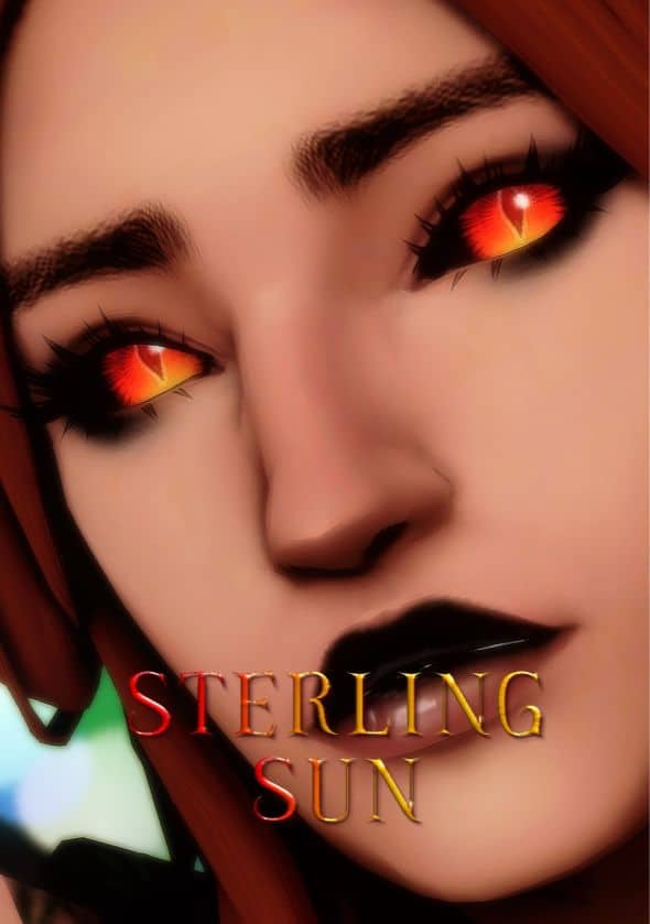 female sim with reddish-orange eye contacts with vertical pupils