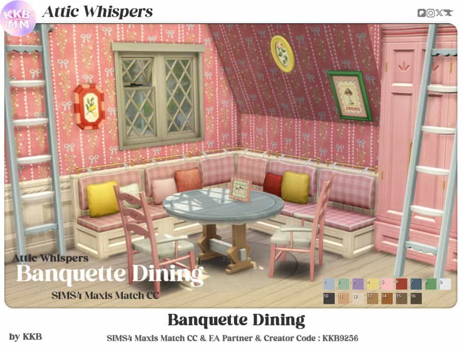 a pink-themed banquette dining setup