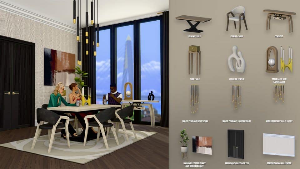 Sims sitting at a stylish and modern dining room table