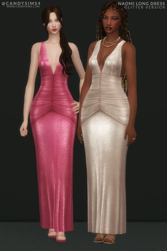 female sim wearing low glittery, figure-hugging dresses