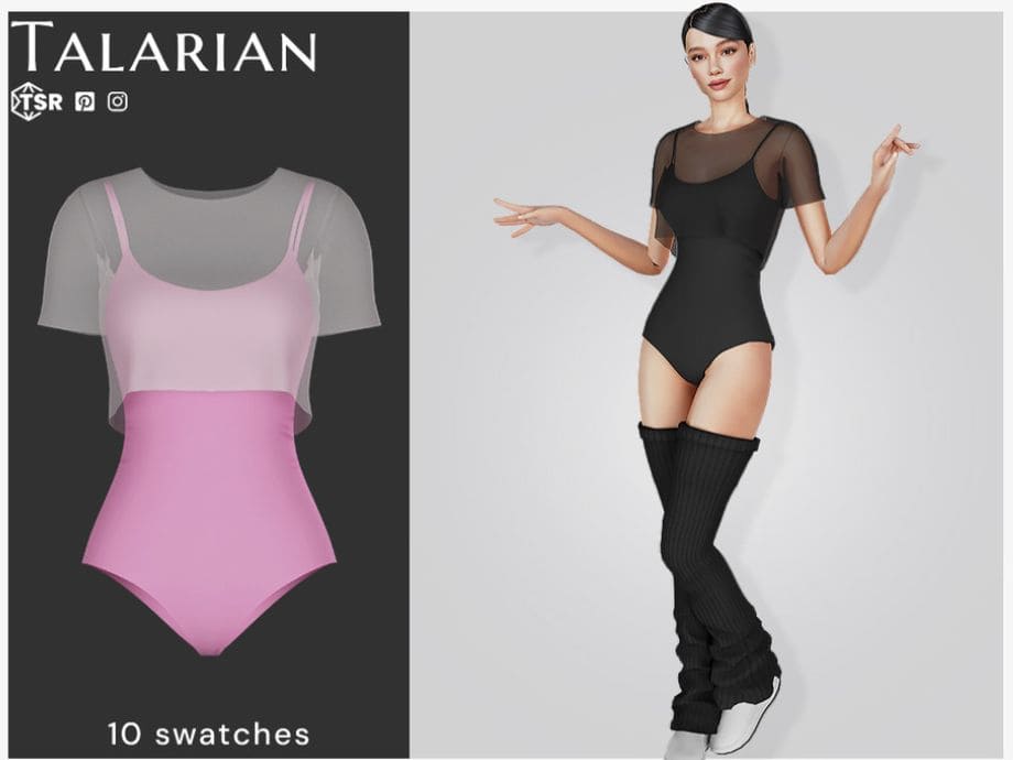female sim wearing a bodysuit, with a semi-transparent cropped mesh T-shirt