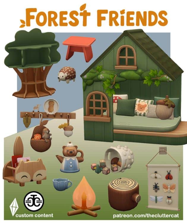 collage of mixed forest friends themed furniture and clutter pieces