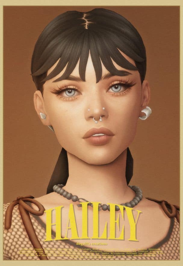female sim with featured bangs and a ponytail