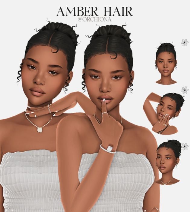 black female sim with a hair bun and curly strands at the front
