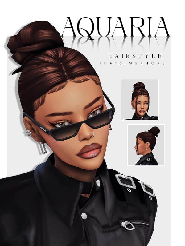 modern female sim with a high bun, baby hairs and wearing sunglasses
