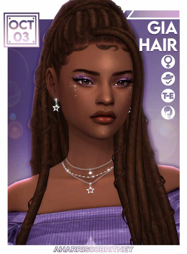 female sim with long locs in a high ponytail