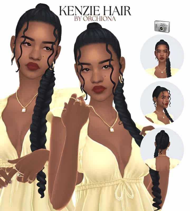 female sims with a mini top bun and long braid