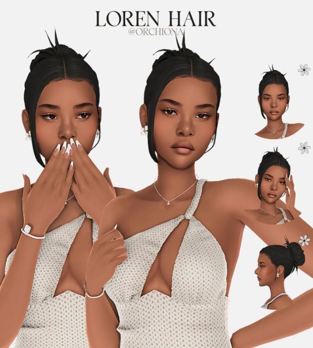 female sim with a large bun and face framing strands on one side