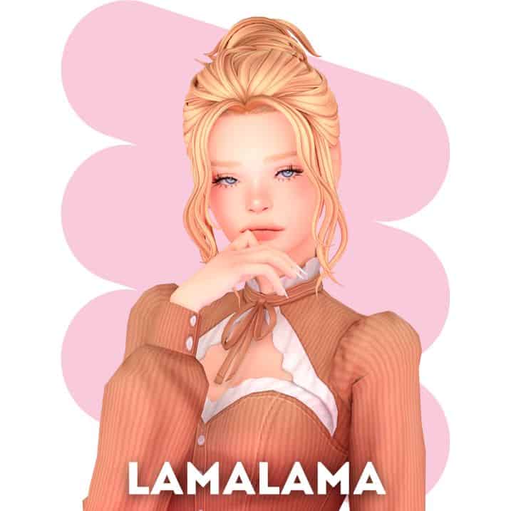 blond female sim with a casual bun hairstyle and face framing strands