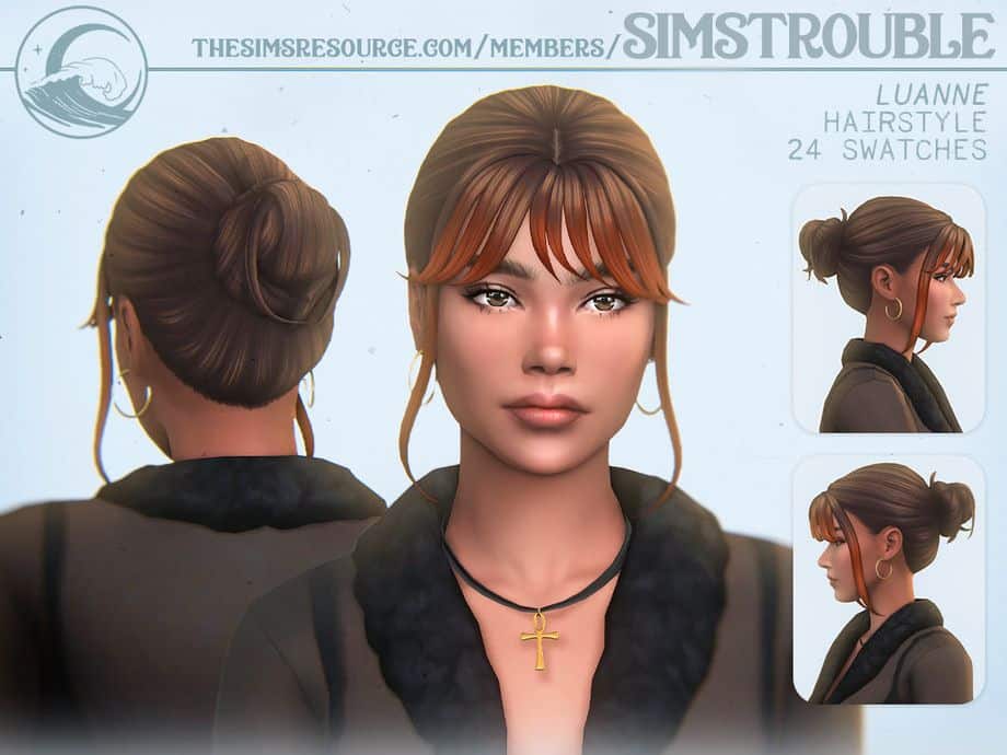 female sim with bangs and a casual bun