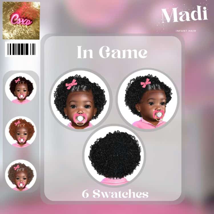 black infant sim with short curly hairstyle and a pink bow