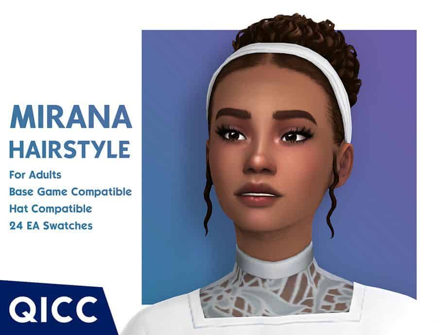 female sim with a curly bun and wearing a white headband