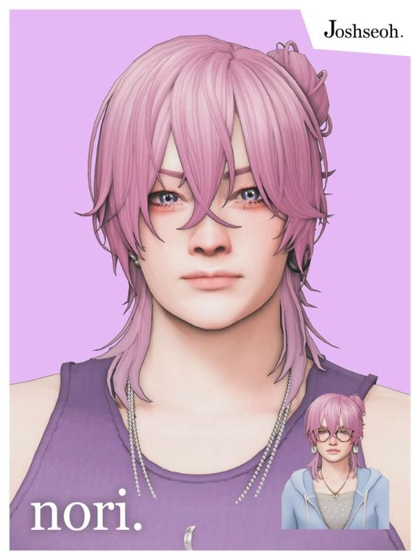 sim with lilac hair, bangs and a small half updo side bun